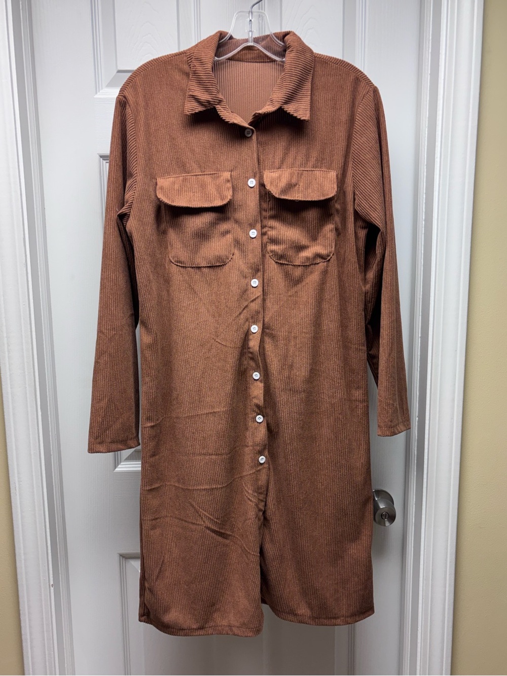 Brown Ribbed Button Front Shirt Dress – Collared Long Sleeve – Size S